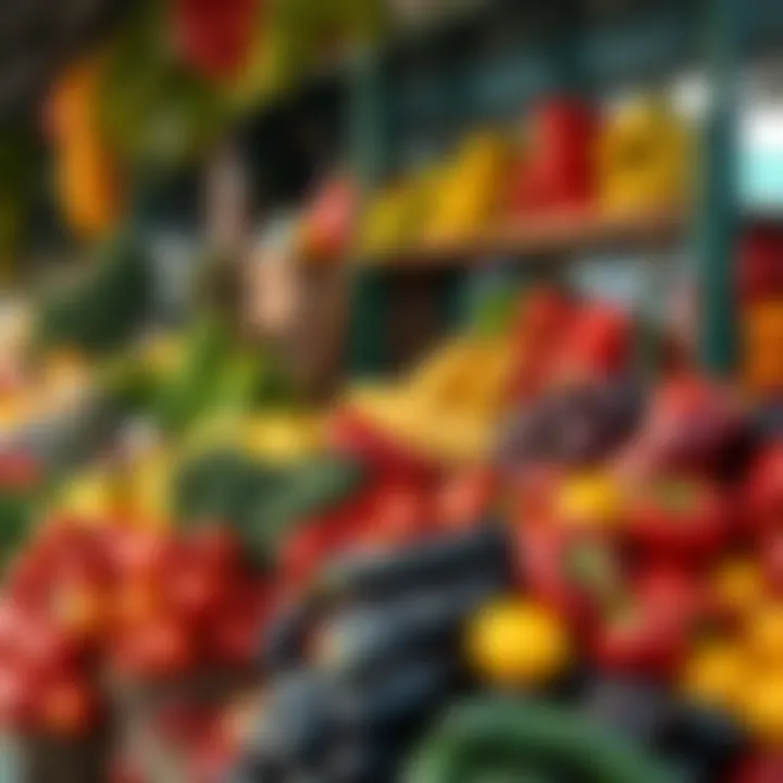 Fresh colorful fruits and vegetables displayed at an outdoor market stall in Kenilworth
