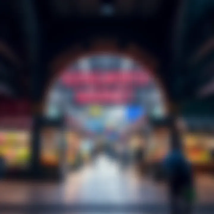 Entrance to a bustling Kenilworth fruit and vegetable market with various stalls and shoppers