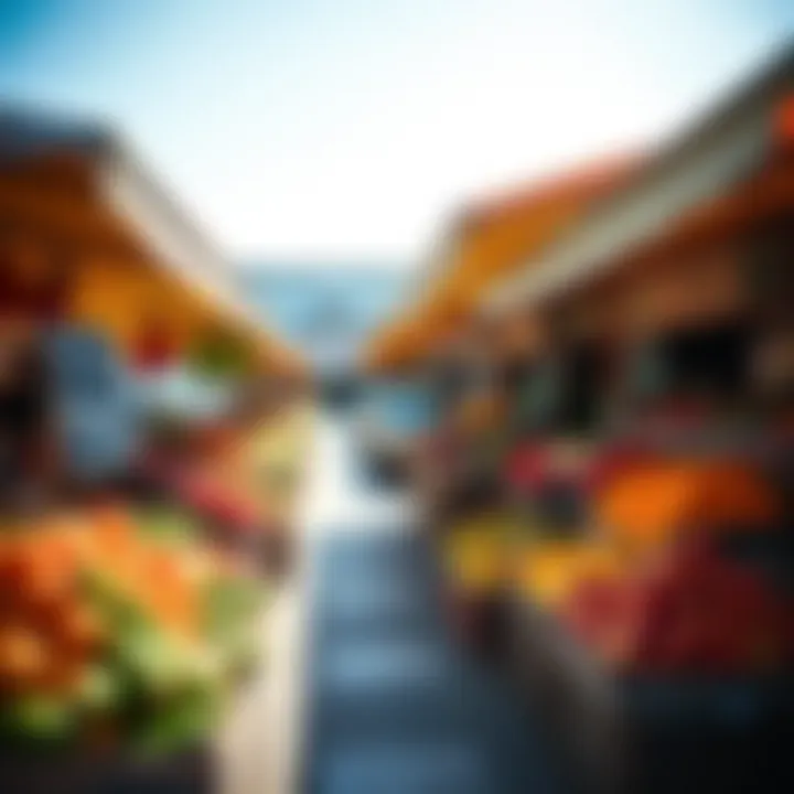 Fresh fruits and vegetables displayed on market stalls under a bright morning sky in Knysna