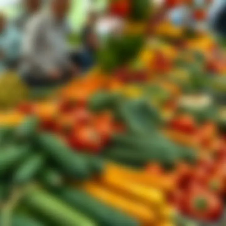 Colorful assortment of seasonal fruits and vegetables arranged neatly at an outdoor market in Knysna