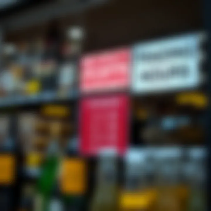 Storefront displaying liquor bottles with visible trading hours sign