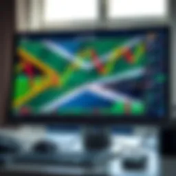 Illustration of a computer screen displaying forex trading charts and a South African flag in the background