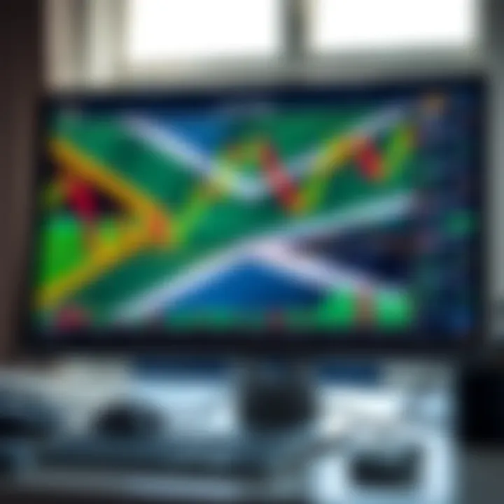 Illustration of a computer screen displaying forex trading charts and a South African flag in the background