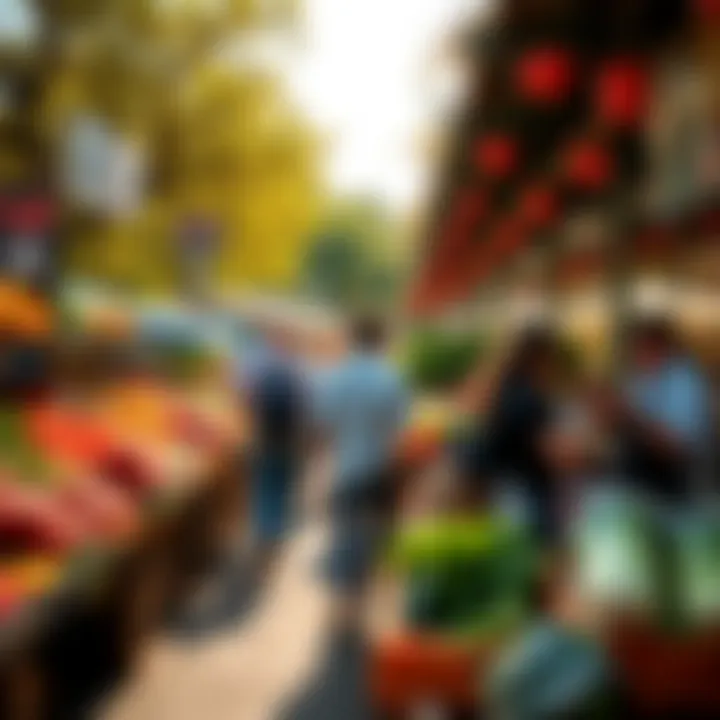 Visitors browsing colorful produce and checking market signs at a sunny park location