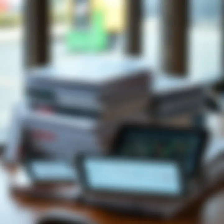 Stack of printed PDFs and digital tablets showing forex strategy guides