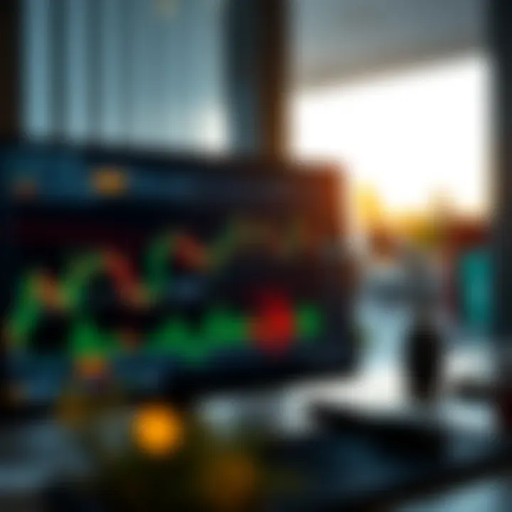 Illustration of a forex trading chart with candlestick patterns and technical indicators on a digital screen