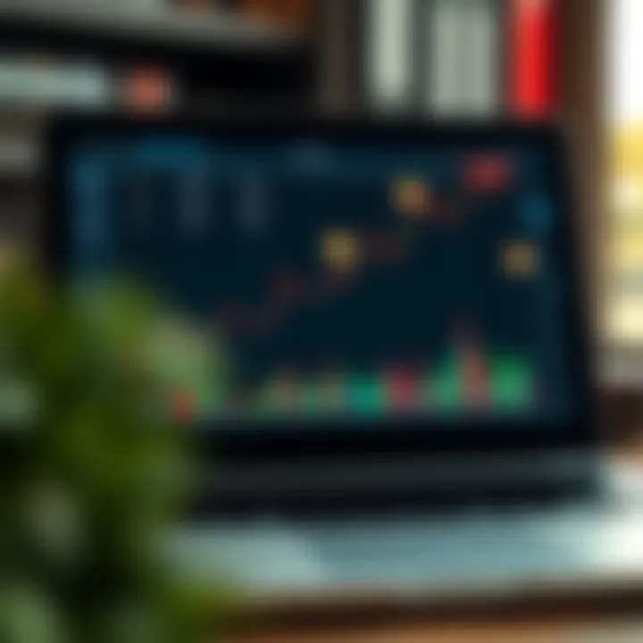 Graph showing upward trend with currency symbols around a laptop screen