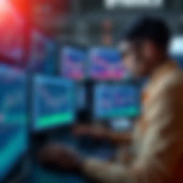 South African trader analyzing multiple screens showing binary options charts and data