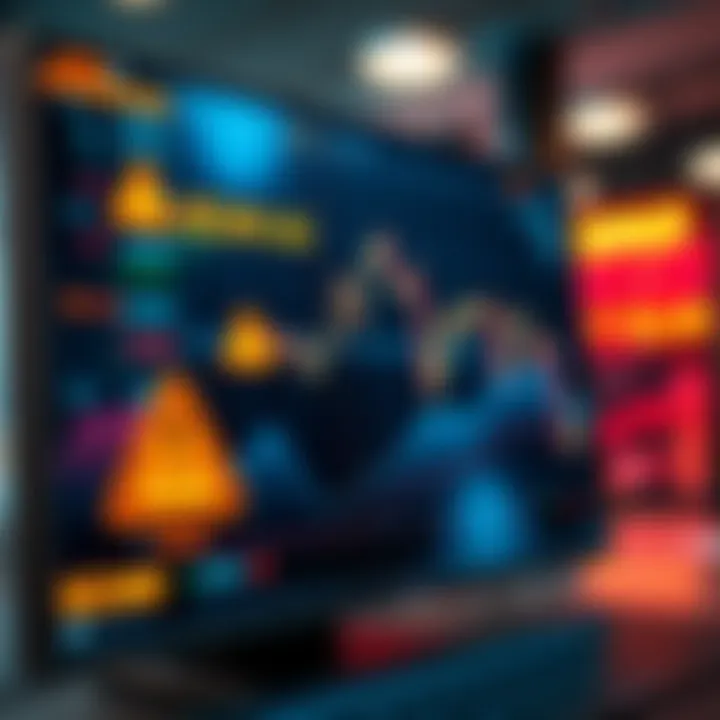 Illustration of a digital screen displaying binary options trading with warning symbols indicating potential scam risks