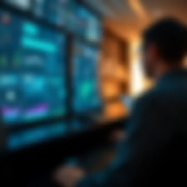 Professional reviewing security protocols on a digital dashboard in a control centre