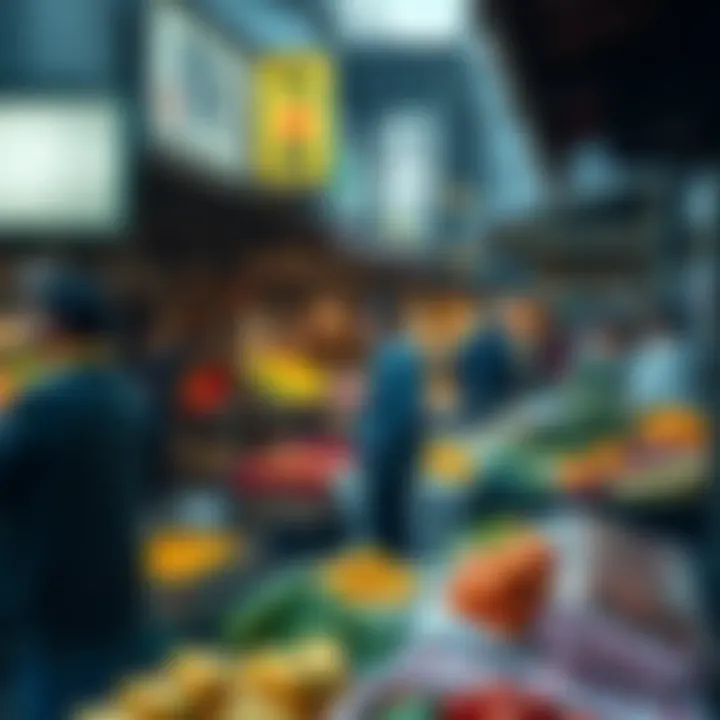 Outdoor market scene showing vendors and shoppers during peak trading hours in Tokai