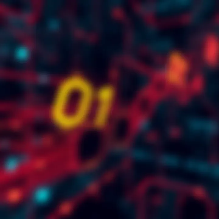 Binary Code in Digital Communication and Web Technology Conceptual graphic showing binary code flowing through digital circuits and web technology elements