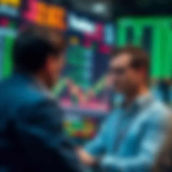 Illustration of a trader evaluating forex broker options with charts and currency symbols in the background