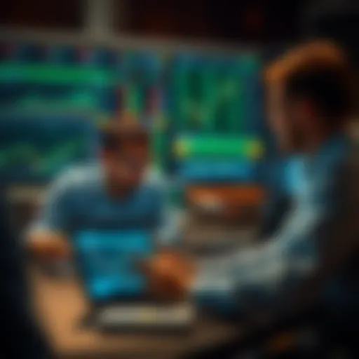 Group of forex traders collaborating over market charts on digital devices