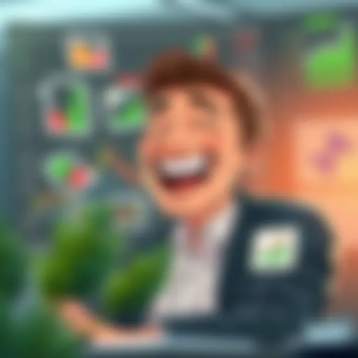 Cartoon showing a trader laughing while surrounded by forex charts and humorous trading icons