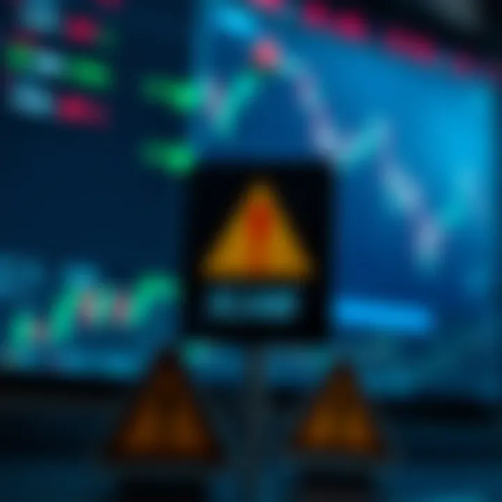 Visual representation of online forex trading with caution symbols indicating potential scams