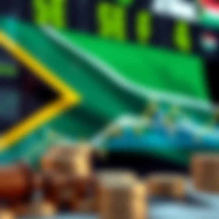 Graphic showing the South African flag with currency symbols and charts representing forex trading