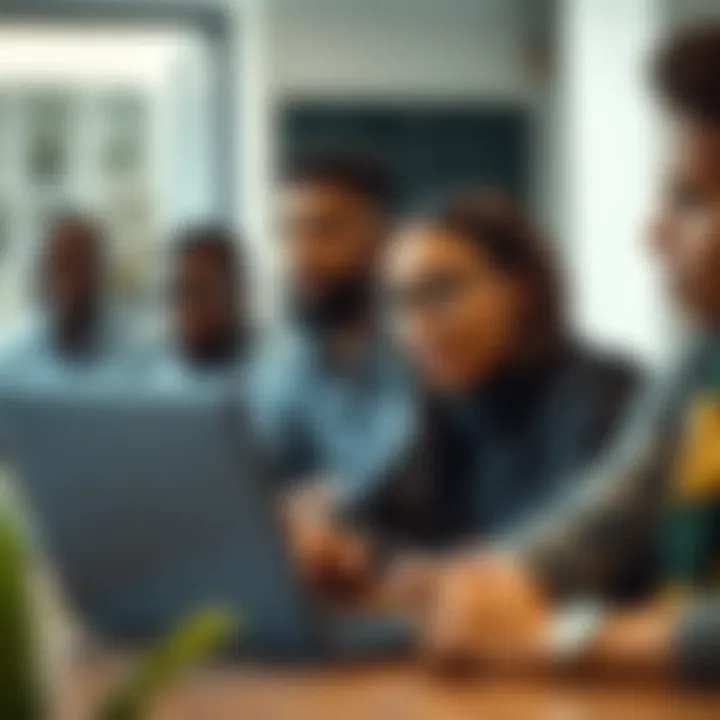 A group of diverse individuals engaging in a forex trading community discussion with laptops and notebooks