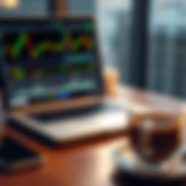 A laptop displaying forex trading charts and graphs alongside a cup of coffee on a desk