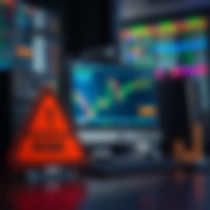 Conceptual illustration of a warning sign alongside a computer screen highlighting online trading risks