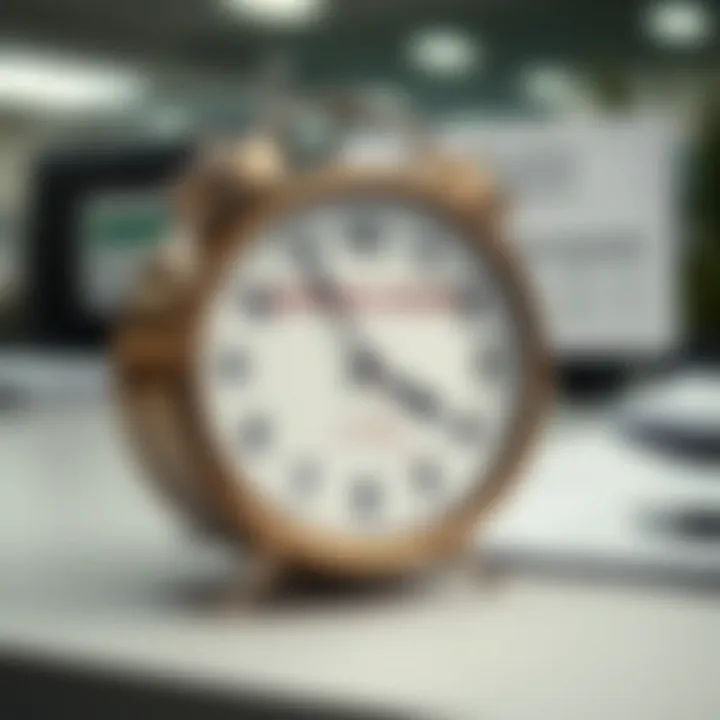 Clock showing operating hours with documents and government forms on desk
