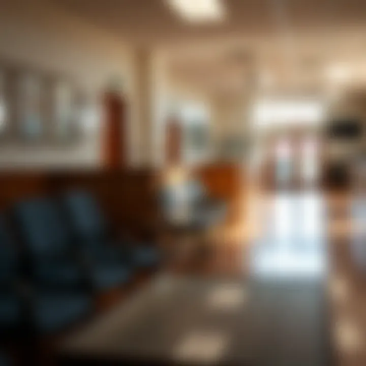 Waiting area inside a licensing office with seating arrangement and informational brochures
