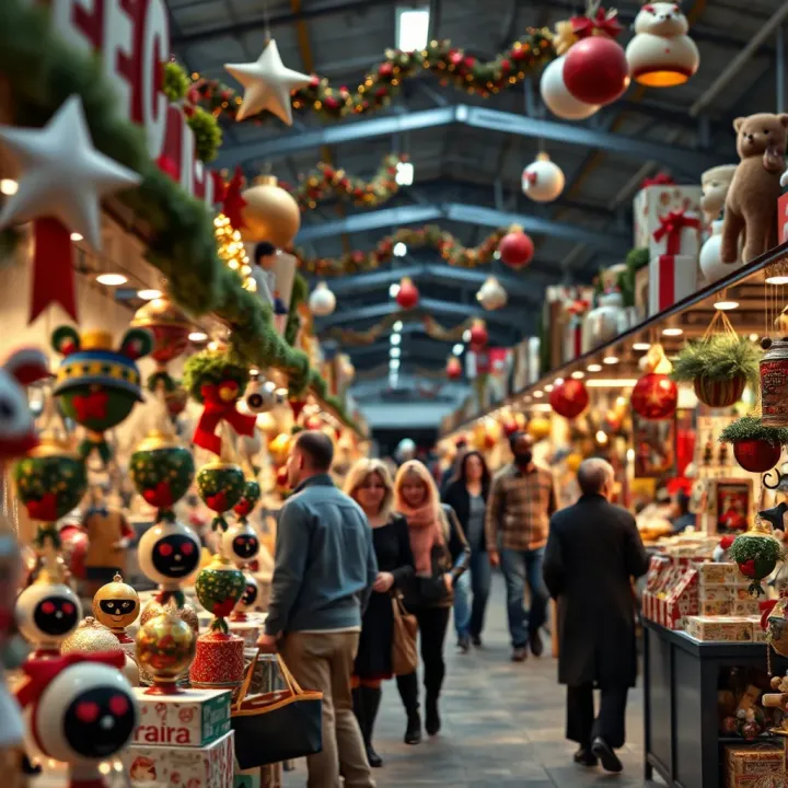 Visitors browsing through diverse merchandise with seasonal decorations visible in the background