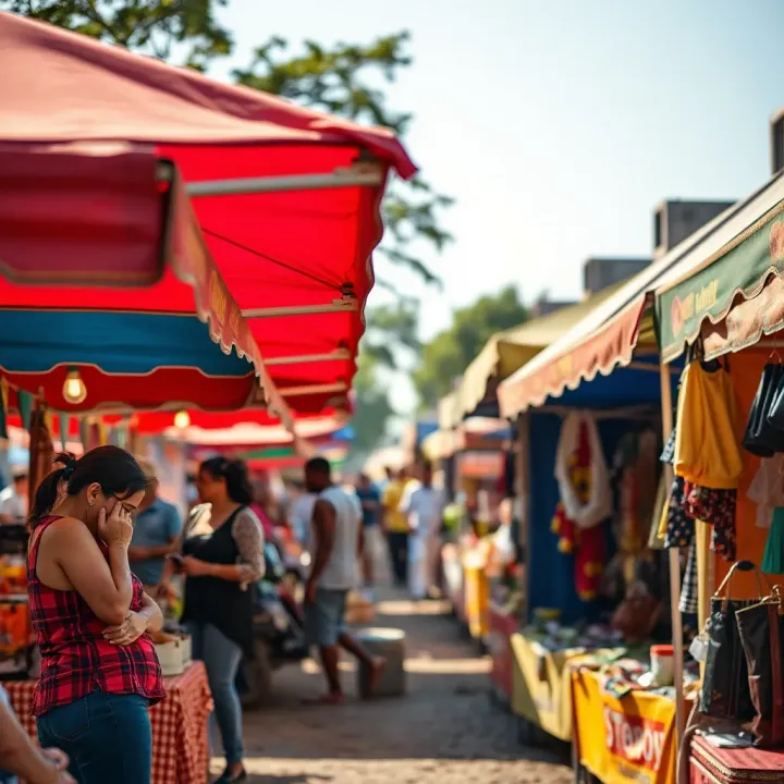 Colorful stalls displaying a variety of goods under bright tents at a bustling outdoor market