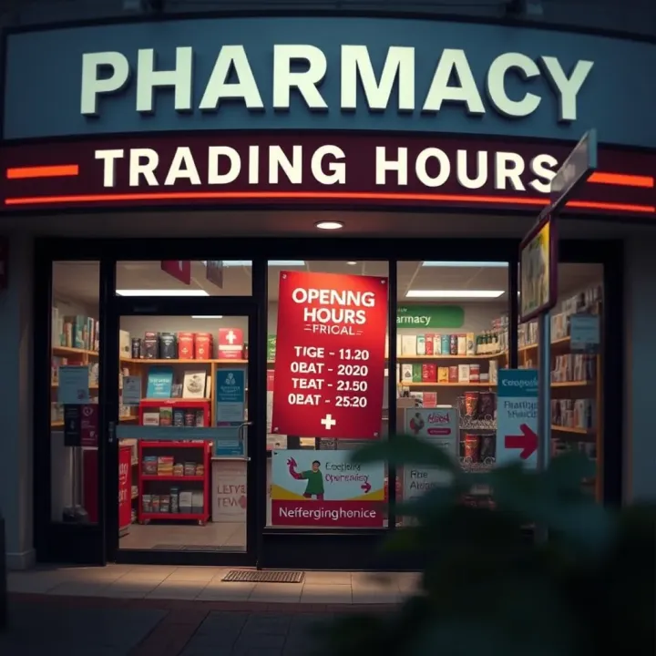 Exterior view of a Boksburg pharmacy showing typical opening hours on the door