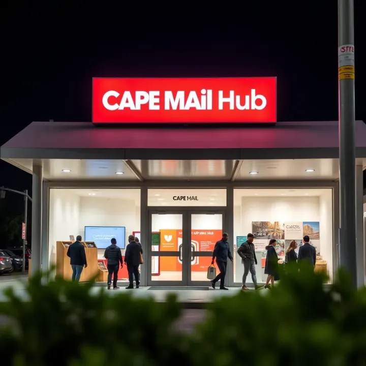 Wide front view of Cape Mail Hub building with clear signage and visitors entering the premises