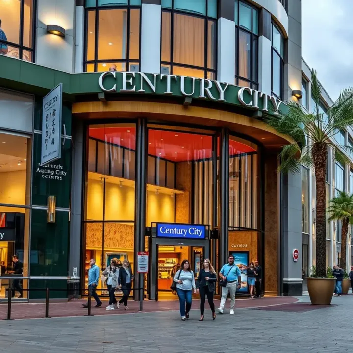 Exterior view of a busy Century City shopping centre with shoppers and storefronts