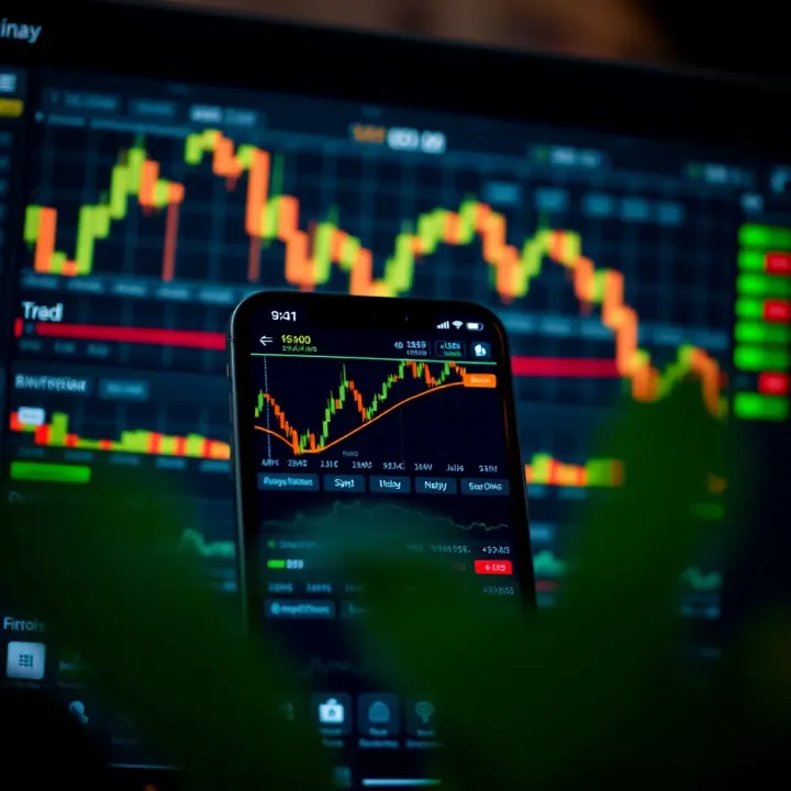 Overview of a mobile app interface showing binary signals with charts and indicators