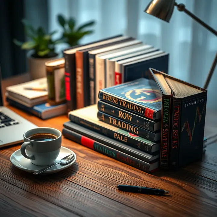 A collection of popular forex trading books arranged on a wooden table with a laptop and a cup of coffee