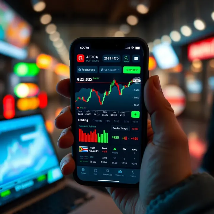 Mobile phone screen displaying a South African trading app interface with charts and market data