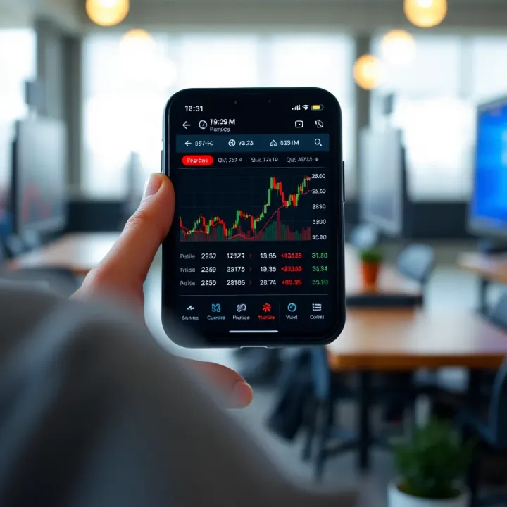 Mobile phone displaying a forex trading app interface with charts and currency exchange rates relevant to South Africa