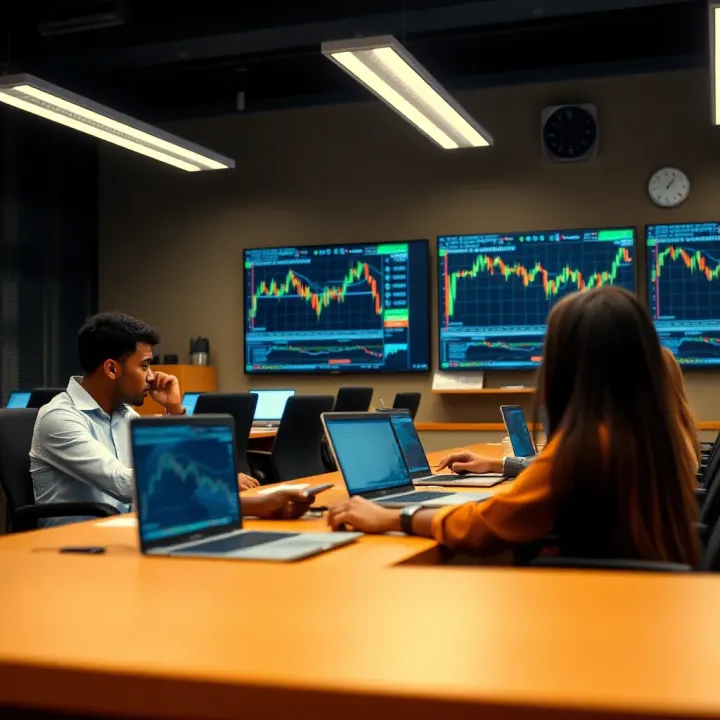 Classroom setting with students learning forex trading on laptops in Johannesburg