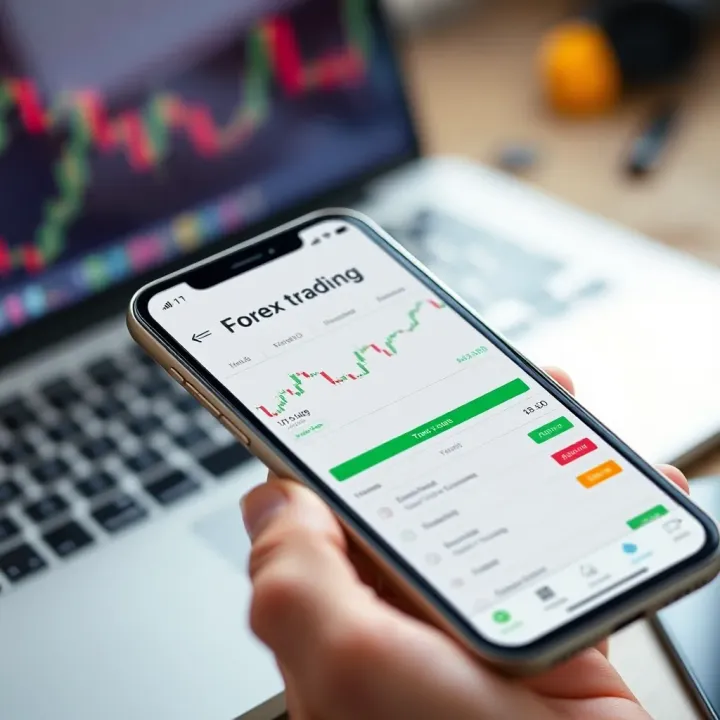 Smartphone displaying a forex trading app interface with charts and trading options visible