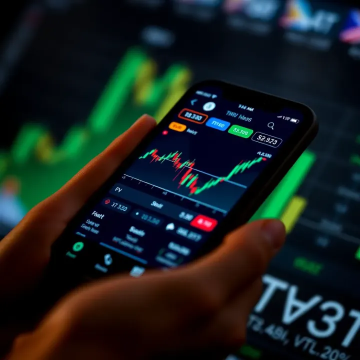 Mobile phone displaying a forex trading application interface with graphs and currency symbols