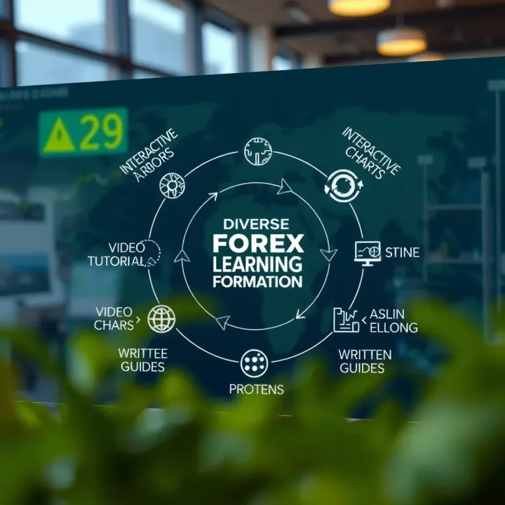 Diagram showcasing various learning methods including video tutorials, interactive charts, and written guides for forex education