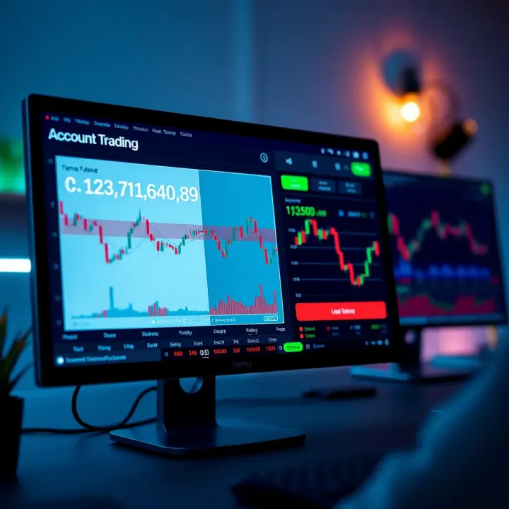 Illustration of a computer screen with demo trading interface highlighting account balance and trade options