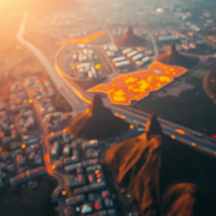 Aerial view of Cape Town with highlighted areas prone to drought, floods, and fire hazards