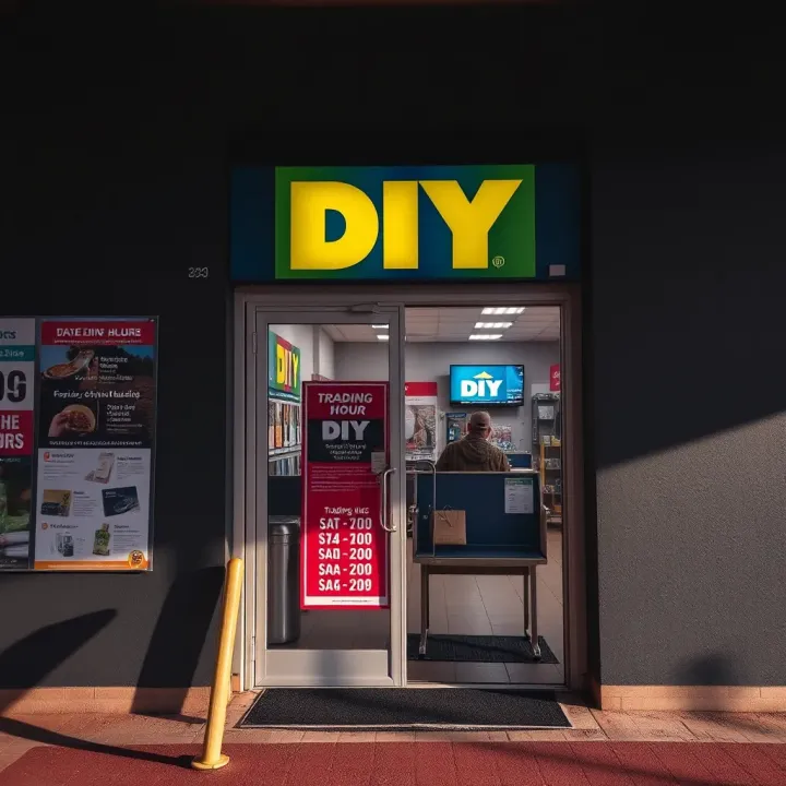 Exterior view of a DIY store in Bloemfontein showing opening hours on the entrance door