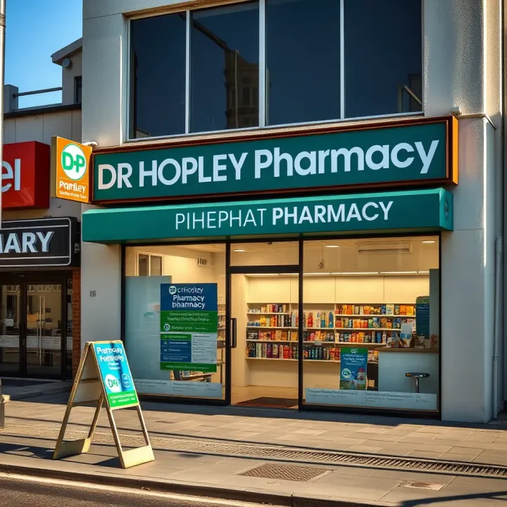 Pharmacy storefront during daytime with clear signage