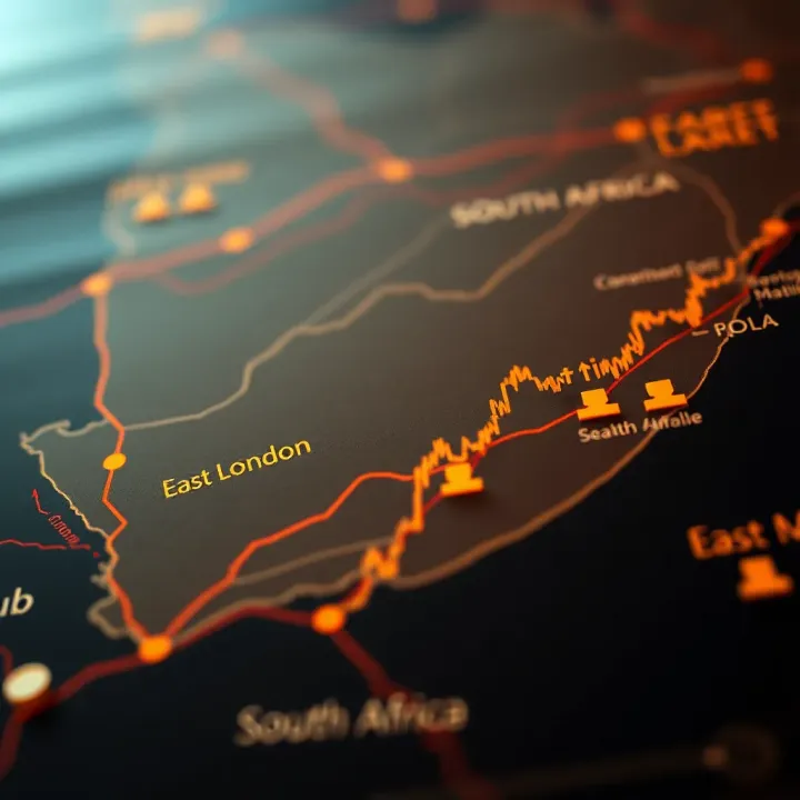 Map highlighting East London, South Africa with forex market insights and regulatory icons
