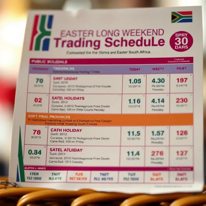 Calendar highlighting the Easter long weekend showing public holidays and adjusted trading times across different South African provinces