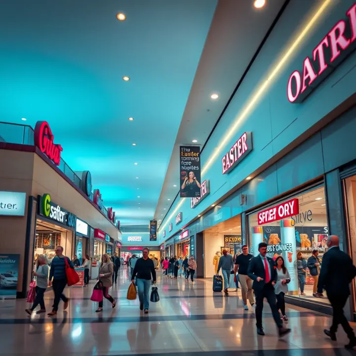 Shopping Mall Operating During Easter Trading Hours in South Africa A busy shopping mall with various stores open during Easter trading hours in South Africa