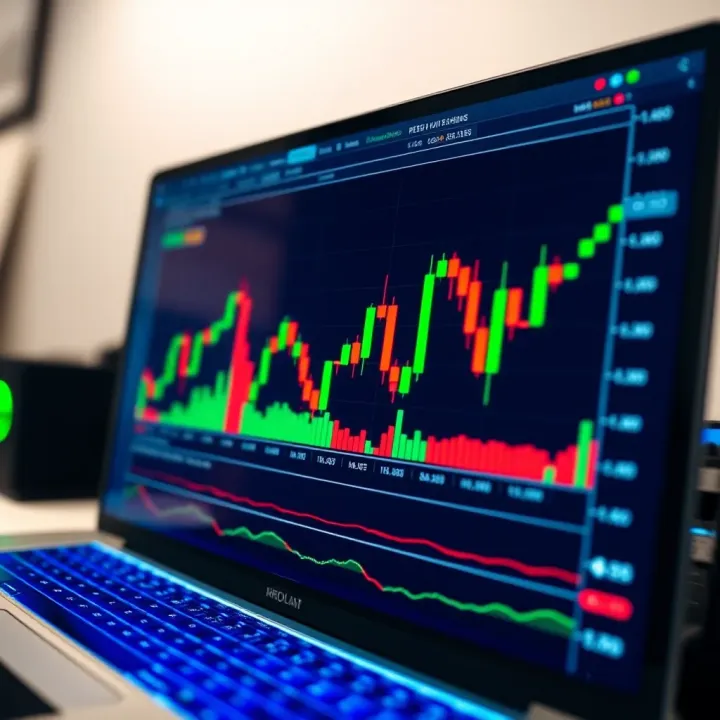 Digital screen displaying a binary options trading chart with green and red candlesticks