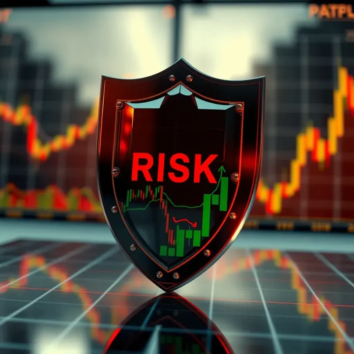 Conceptual illustration of risk management with protective shield overlaying financial graphs