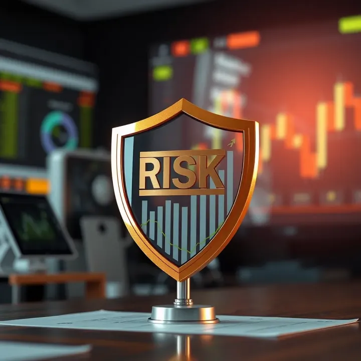 Conceptual representation of risk management with charts and protective shields