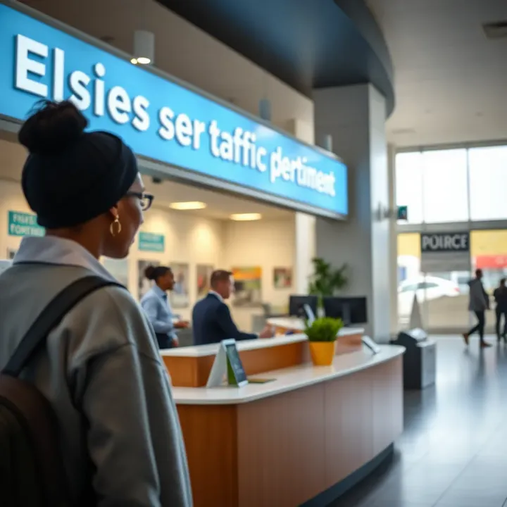 Customer service desk at Elsies River Traffic Department with staff assisting visitors for vehicle registration and licensing